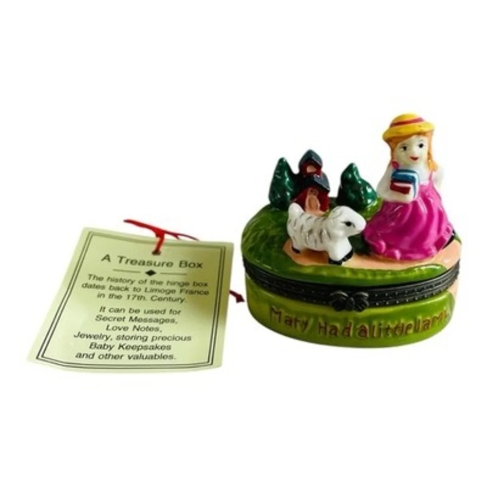 Vintage Mary Had a Little Lamb Porcelain Trinket Box Hinged Pill Ring Box NIB